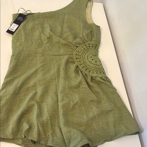 Green One-Shoulder Romper with Crochet Detail